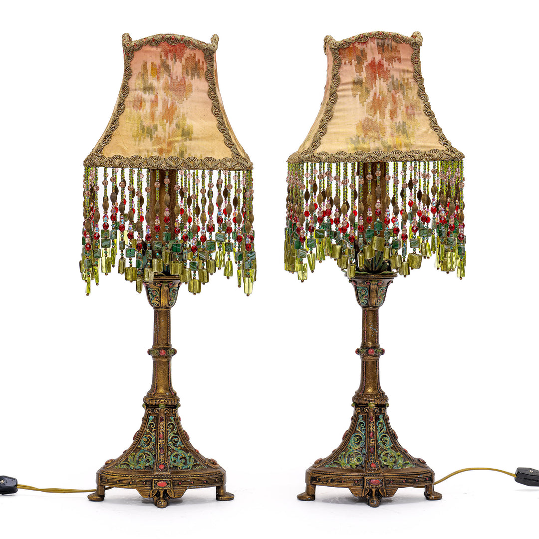 Antique hand-embroidered bronze lamp made in the USA, circa 1890-1920s.