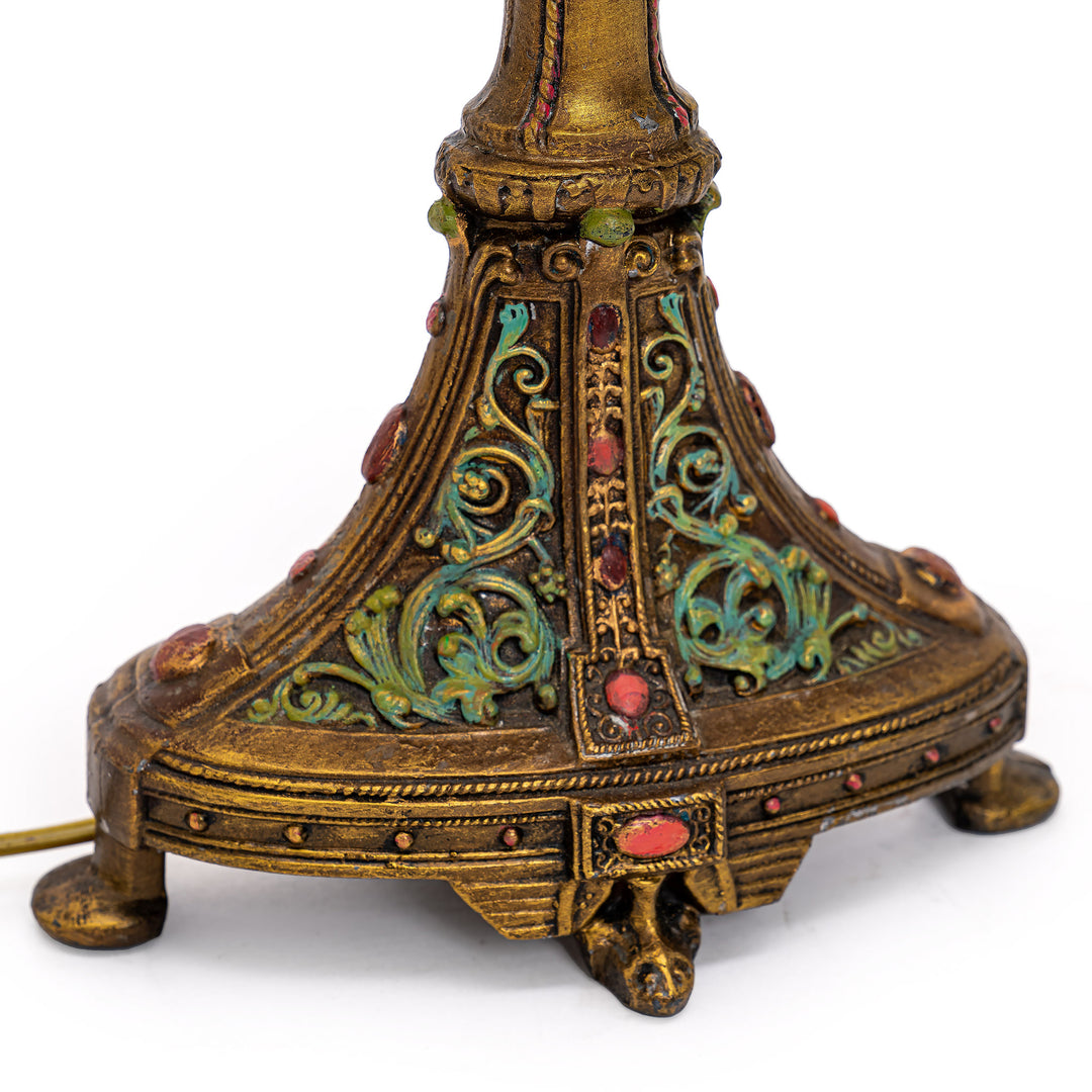 Exquisite 1920s hand-embroidered lamp with intricate bronze base.