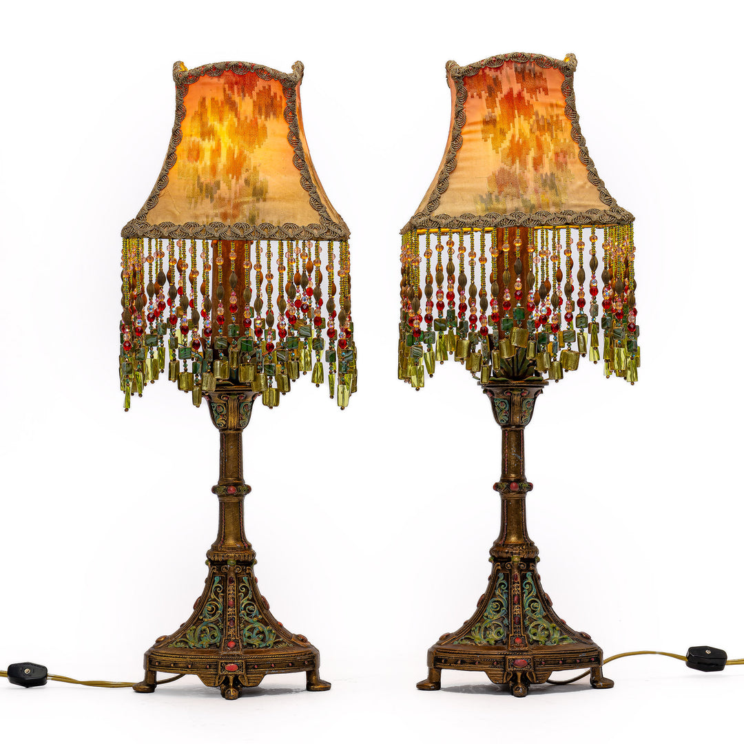 Decorative bronze lamp with historical hand embroidery and beadwork.