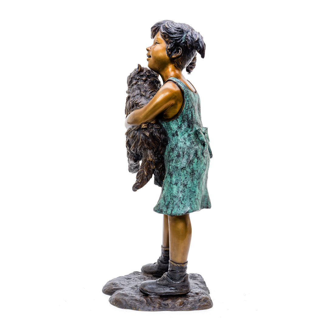 Bronze Statue of Young Girl with Fluffy Cat.