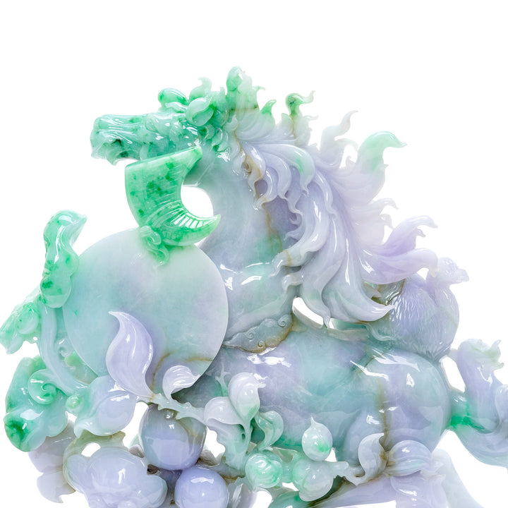 Elegant jade stallion sculpture with playful monkey, a blend of form and storytelling