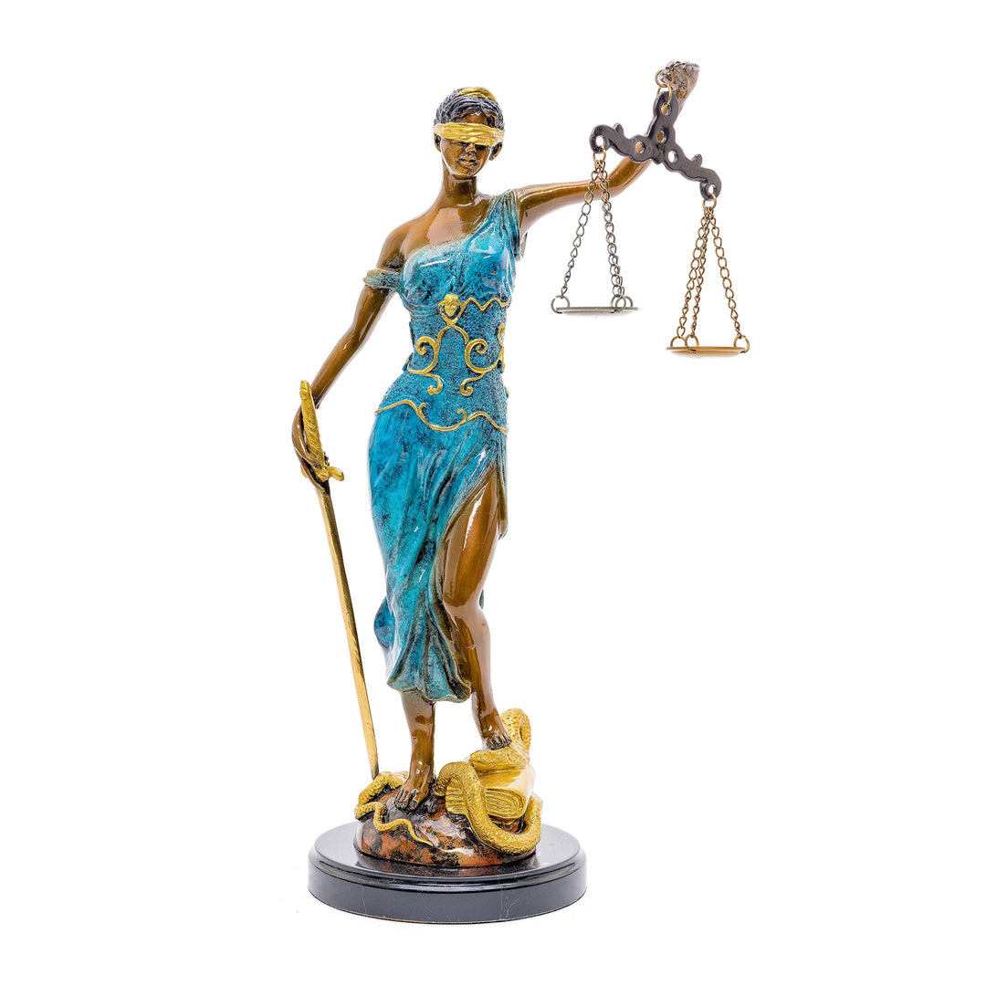 Bronze Lady of Justice statue with blindfold and scales