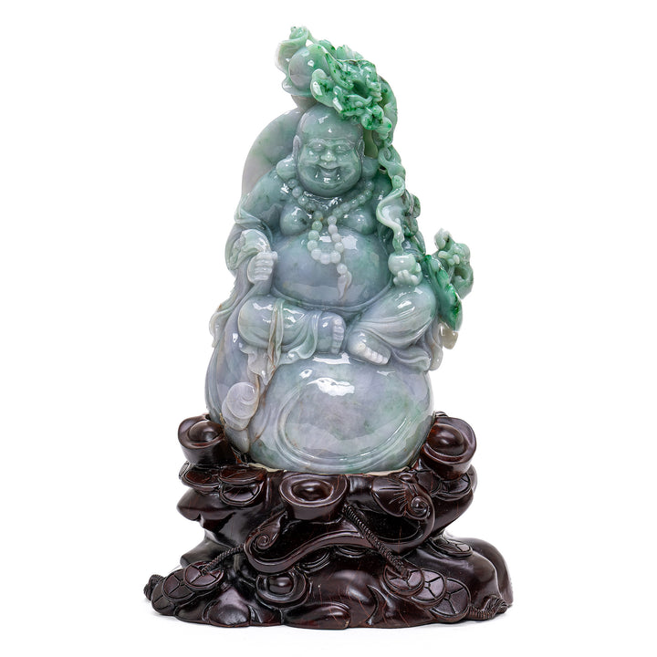 Museum-quality jade Buddha seated on a money sack for spiritual prosperity.