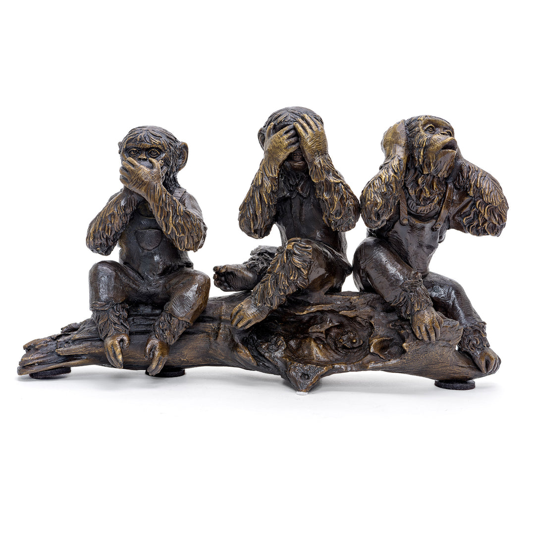 Bronze Sculpture of Three Wise Monkeys on Log.