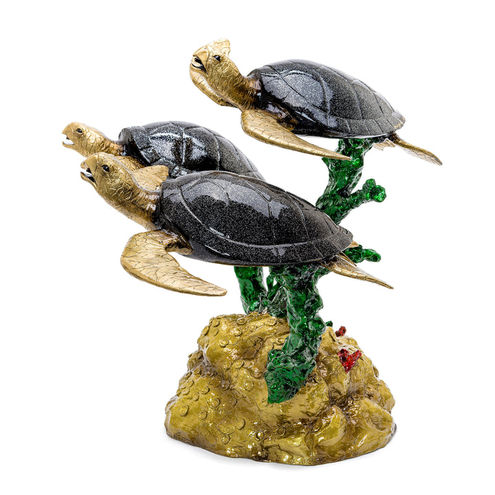 All-bronze sea turtle art with coral base.