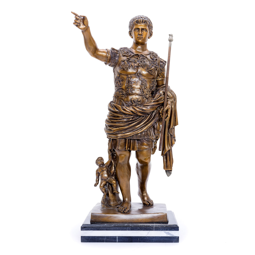 Stunning bronze statue of Caesar Augustus with arm outstretched.