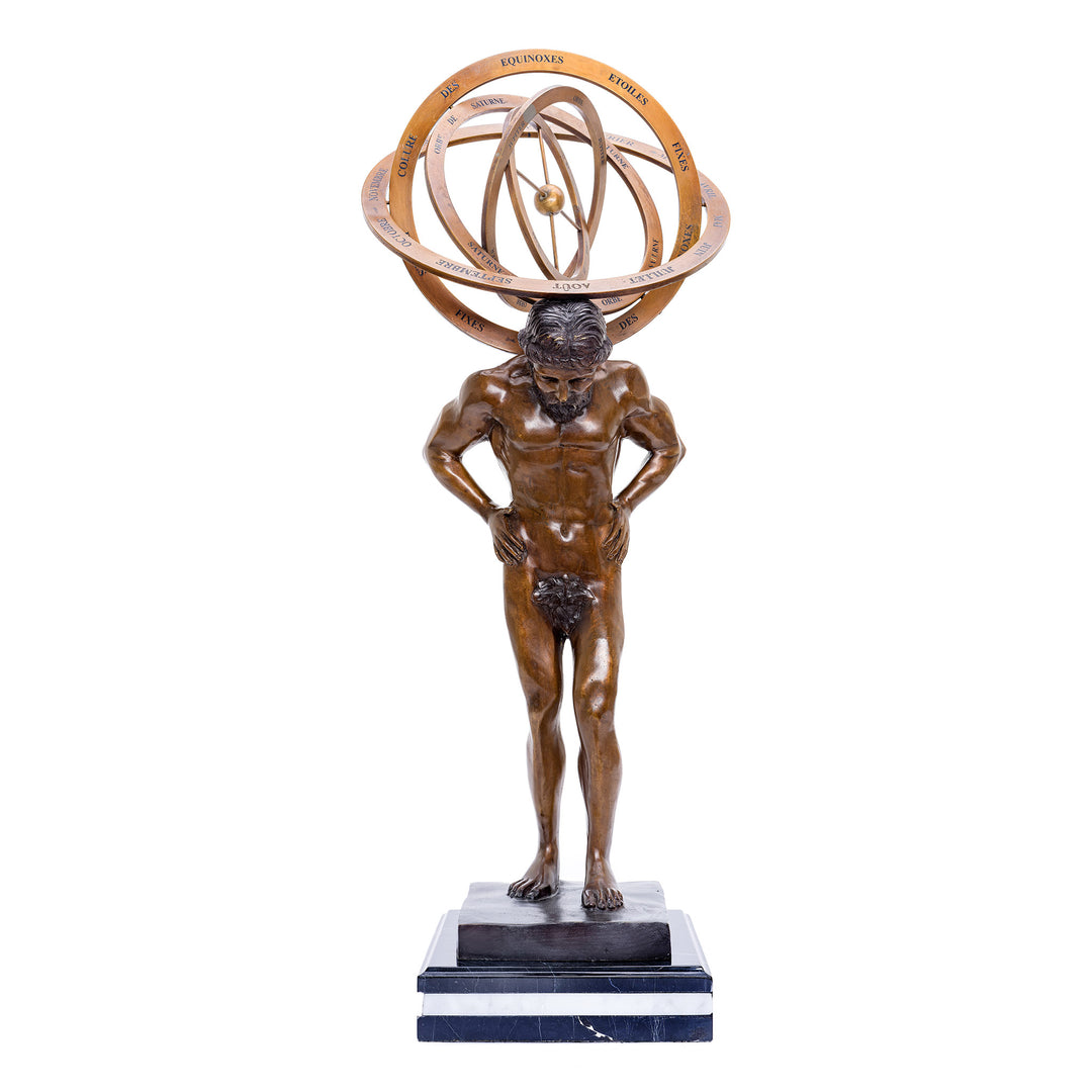 Bronze Atlas sculpture with celestial armillary sphere.
