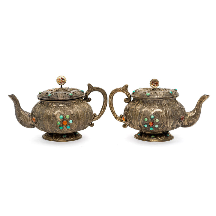 Elegant vintage Chinese teapots adorned with turquoise and agate