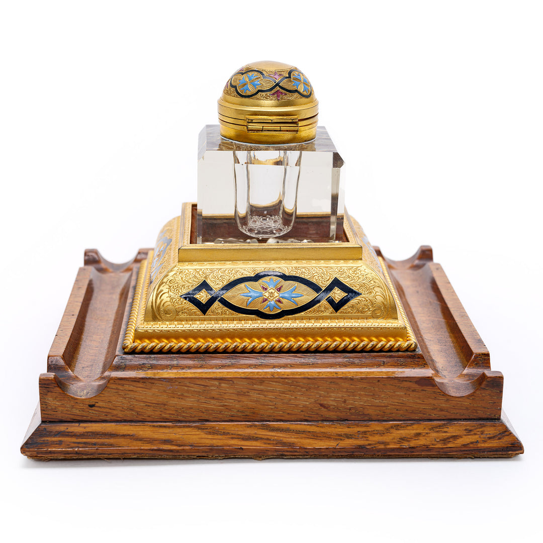 French Antique gilt work ink holder with crystal base