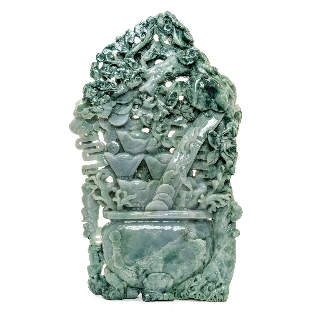 Pale green jade sculpture of a lush money flower pot.