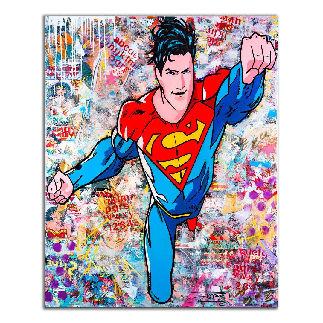 Original pop art-inspired superhero "The Superman" acrylic painting signed by JOZZA