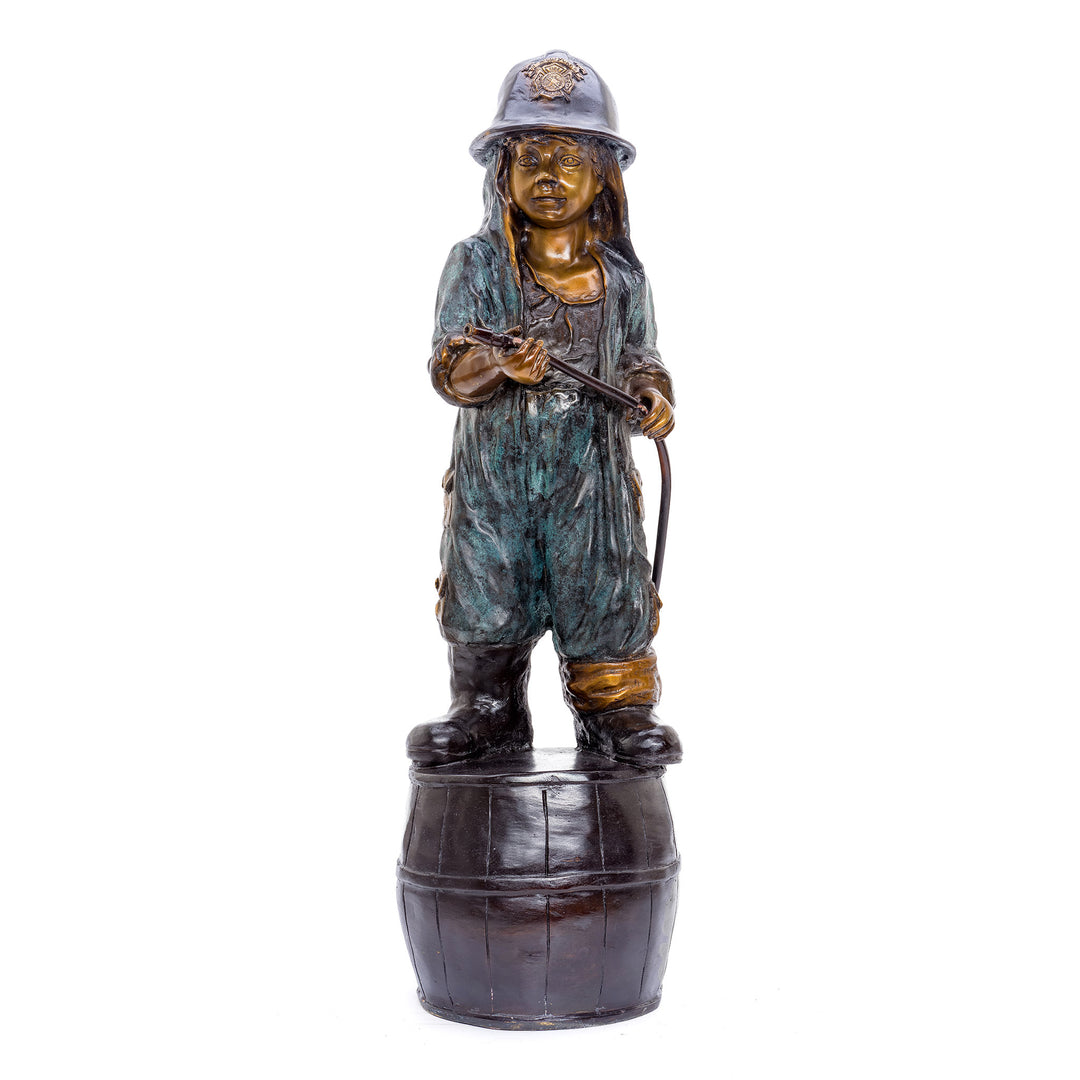 All bronze child in fireman outfit statue.
