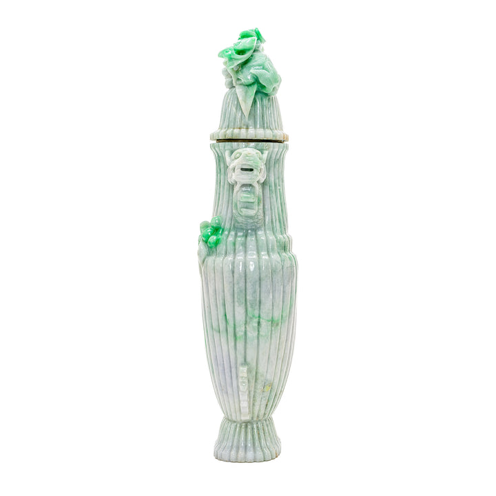 Baluster-formed jade vase with a meticulously carved Foo Lion finial.