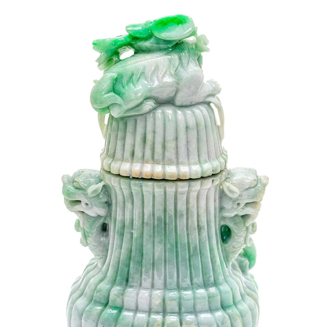 Imperial Foo Lion topped jade vase with striking emerald accents.