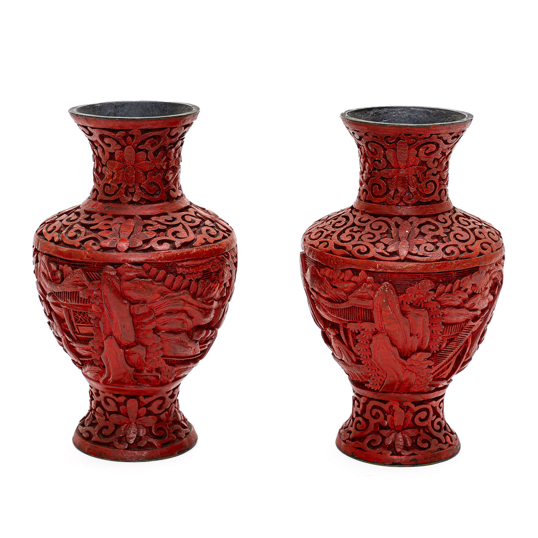 Elegant 19th century baluster form cinnabar vases.