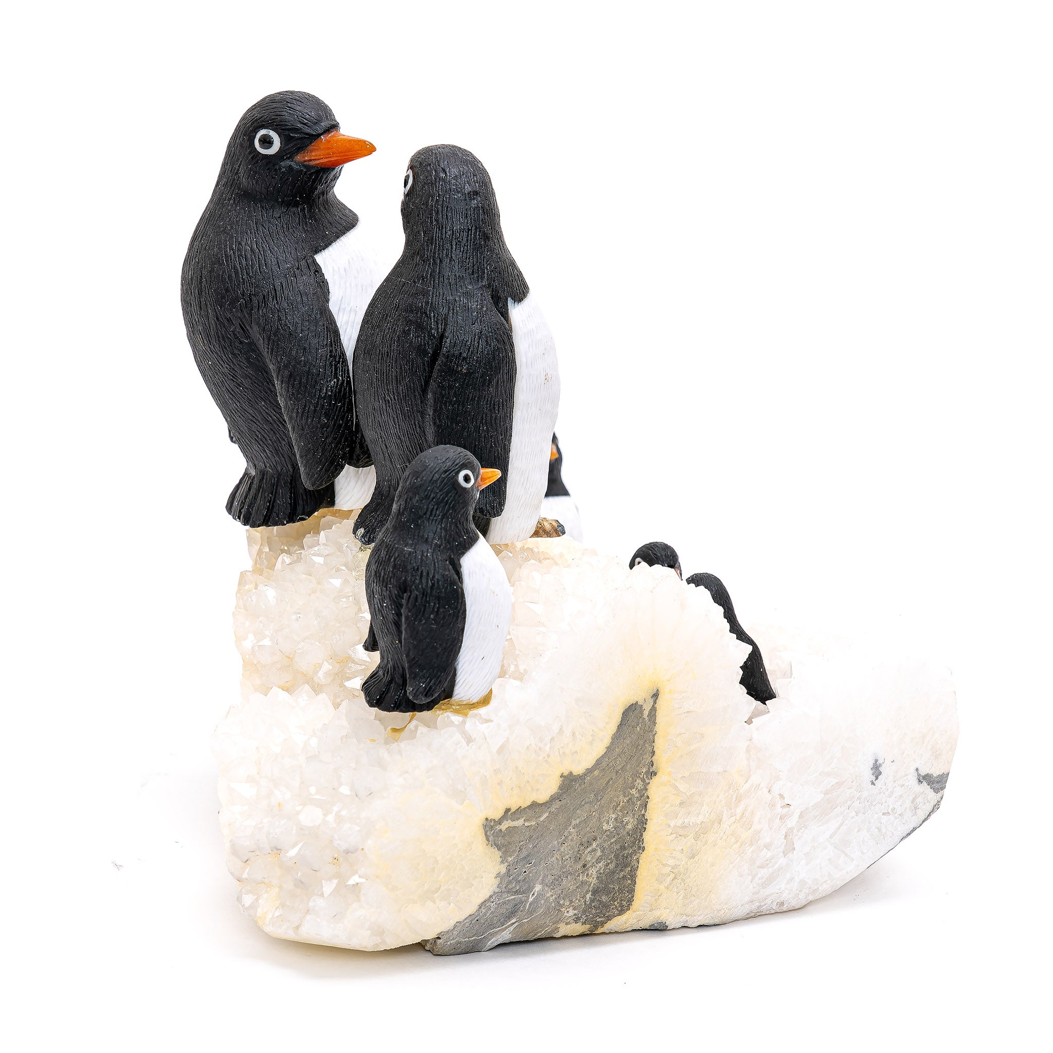 Obsidian Penguin Family Sculpture | Quartz Ice Figurine | Wi