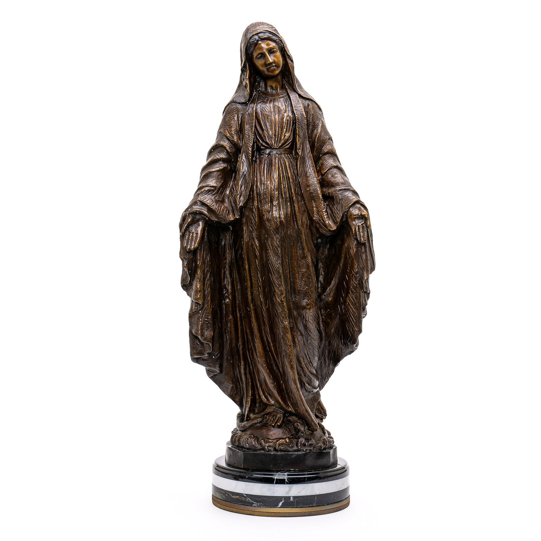 Bronze sculpture radiating Mother Mary's divine presence.