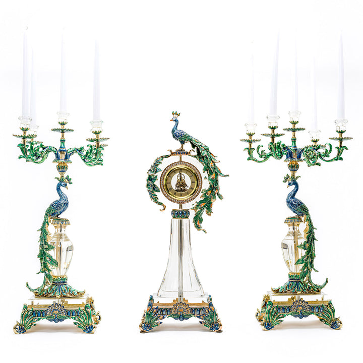Luxury peacock-themed crystal clock and candelabra set by Regis Galerie