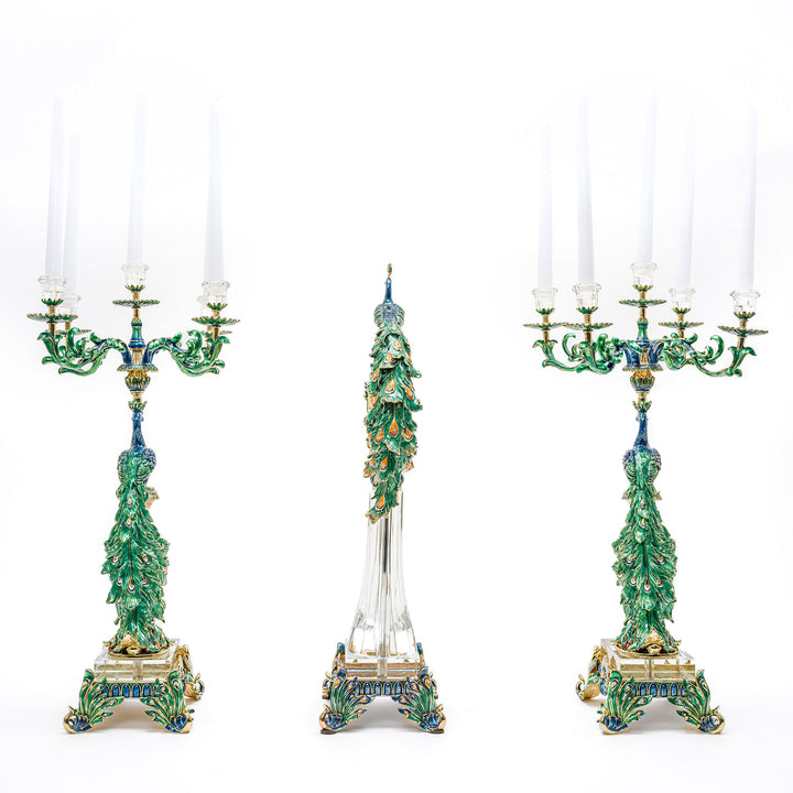 Enameled bronze candelabra with Austrian crystal details and matching clock