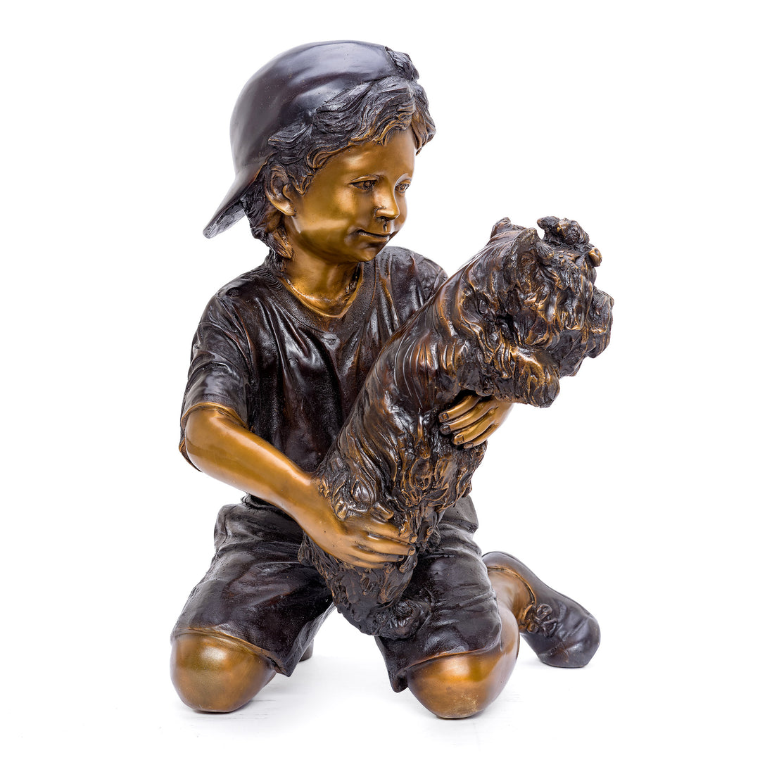Detailed bronze representation of a tender moment with a pet.