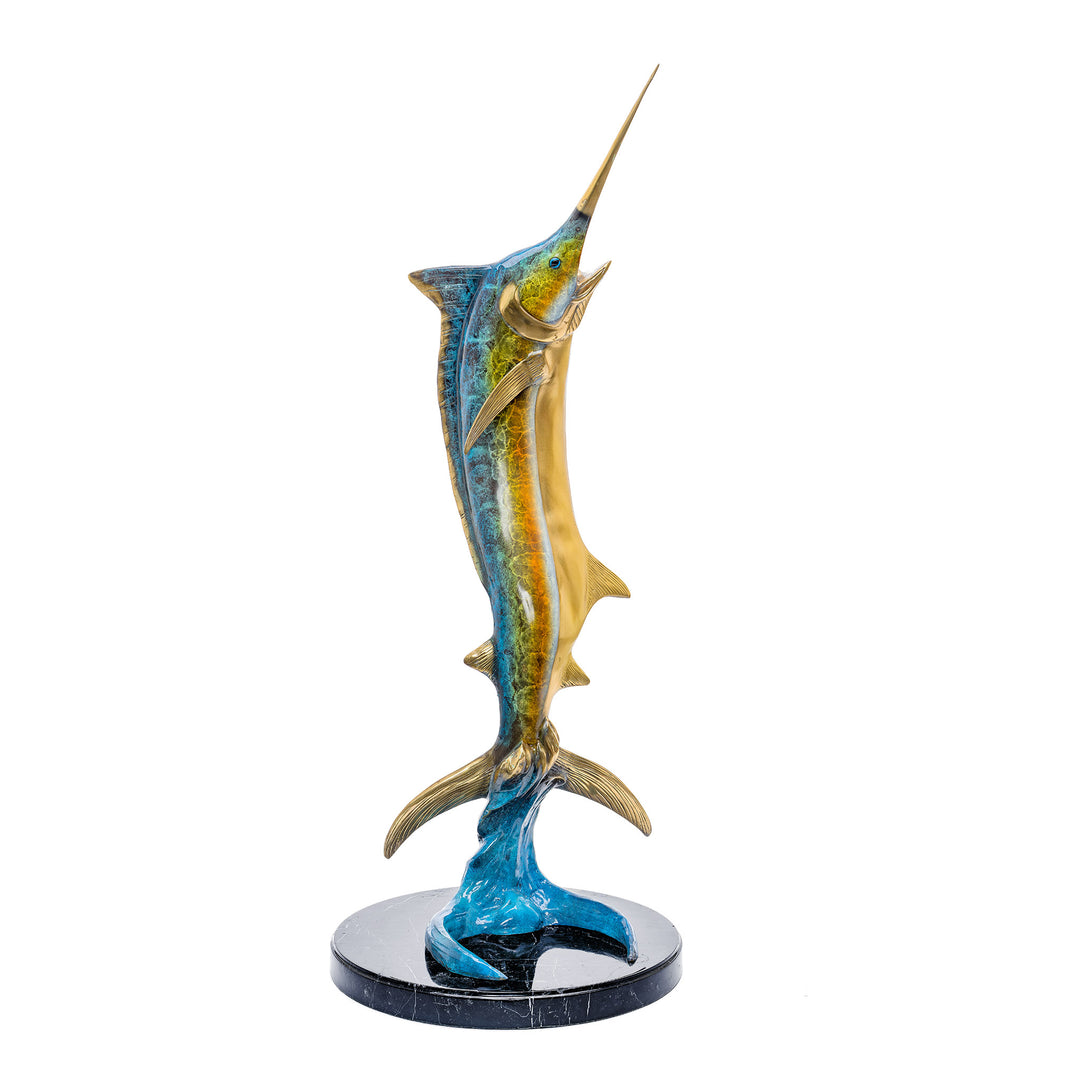 Dynamic bronze sculpture of a marlin on a luxurious marble base.