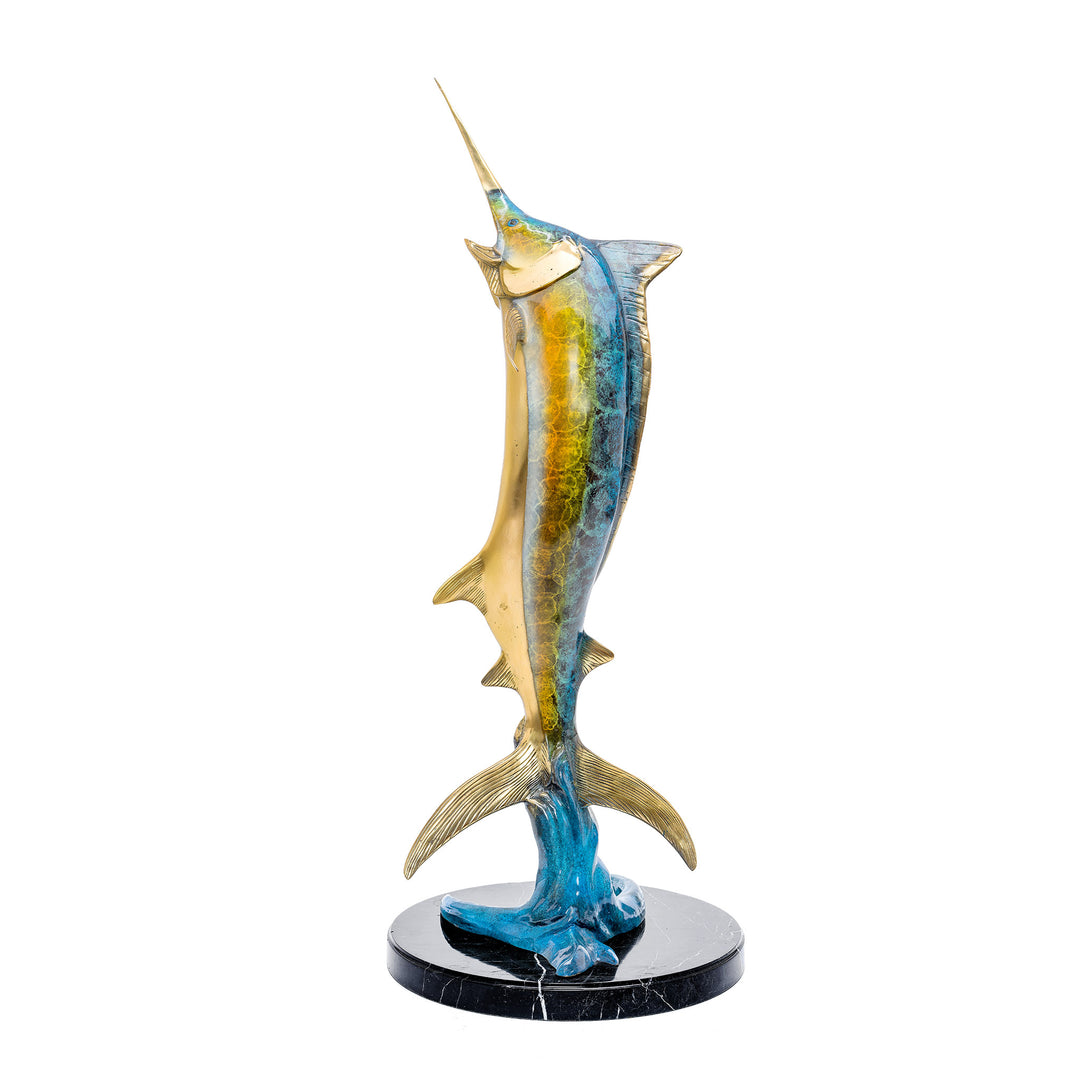 Artistic bronze marlin fish sculpture with a sleek, marbled foundation.