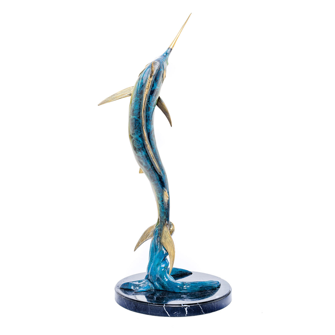 Mid-leap marlin in bronze, an ode to oceanic agility.