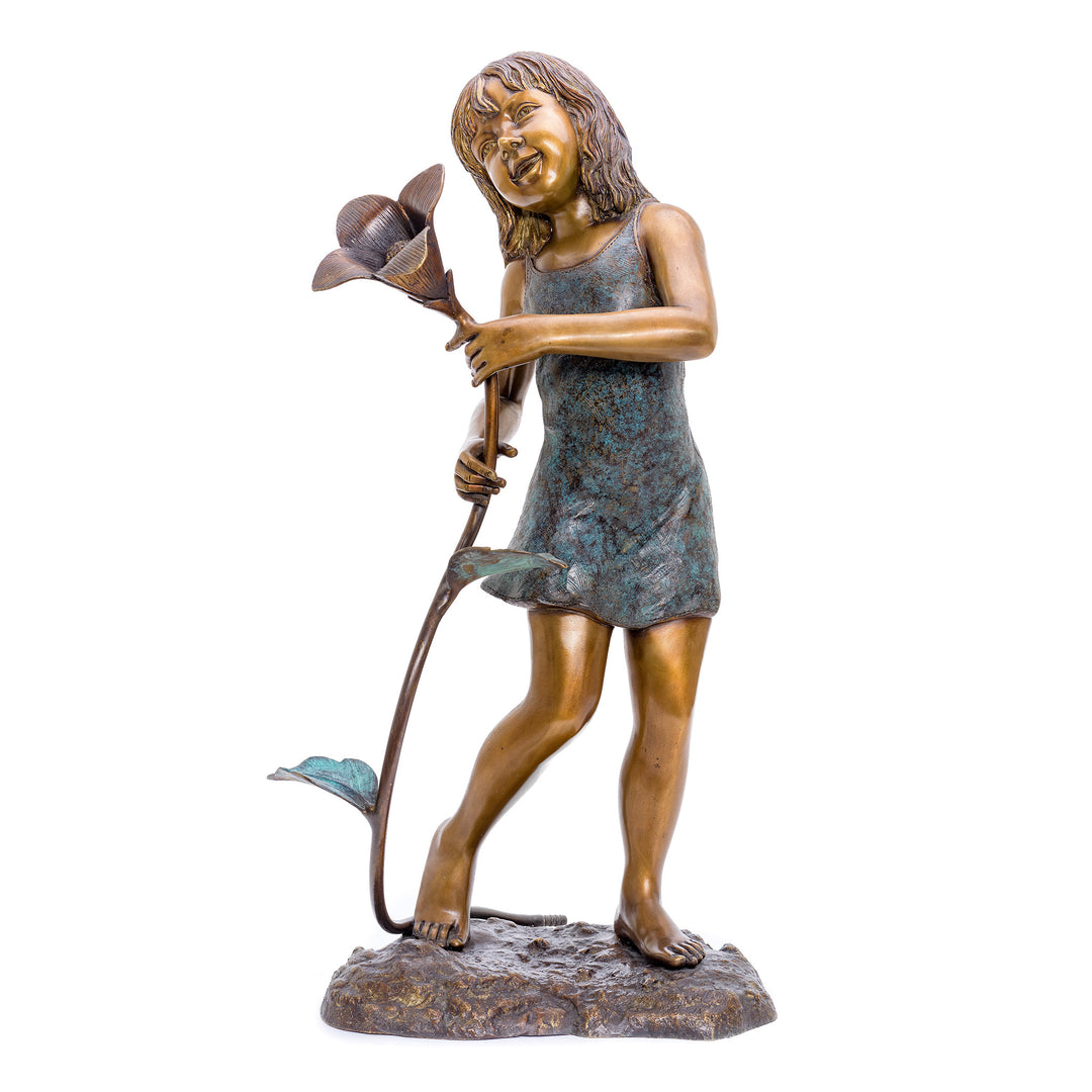 Bronze sculpture of a young girl with a flower fountain.