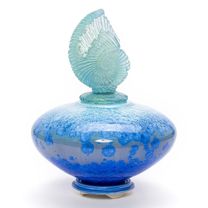 Ammonite vessel with sea blue and aqua porcelain and glass shell finial