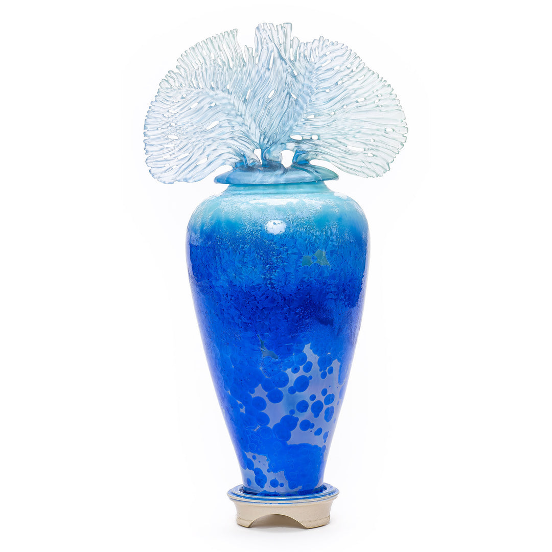 Tall deep blue and turquoise porcelain vase with glass seashell finial