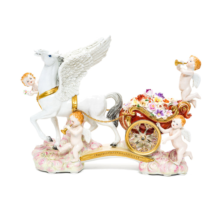 Handmade porcelain winged horse with cherubs sculpture