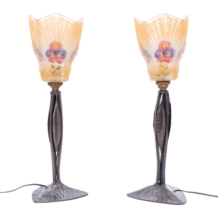 Pair of signed 'Le Fer Forgé HF' iron lamps with Art Deco design.