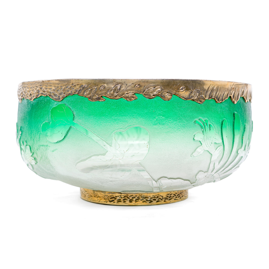French Glass Bowl with Green Foliage Design