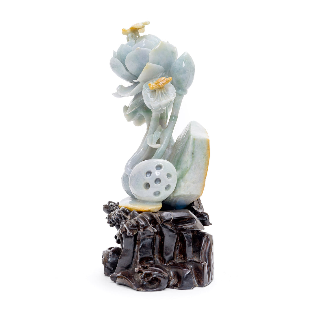 Serene jade artwork of a peony flower with delicate russet highlights and dragonfly