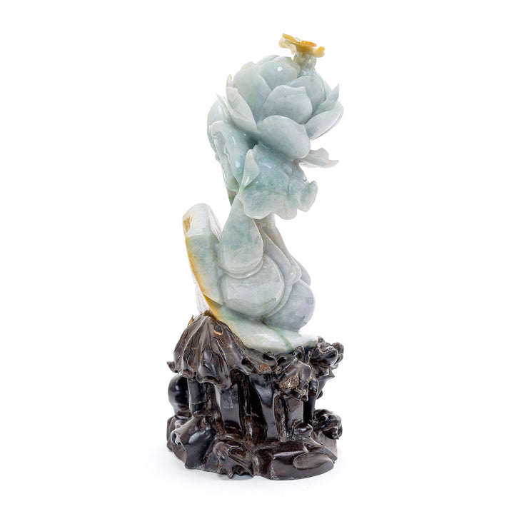 Russet-accented jade peony and dragonfly sculpture on a carved wooden base