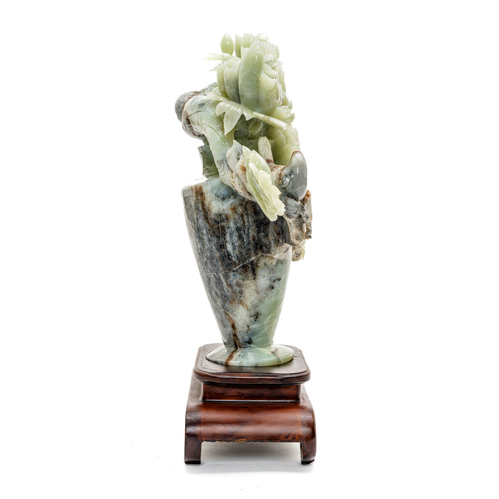 Lifelike peony blooms in agate with birds for home decor.