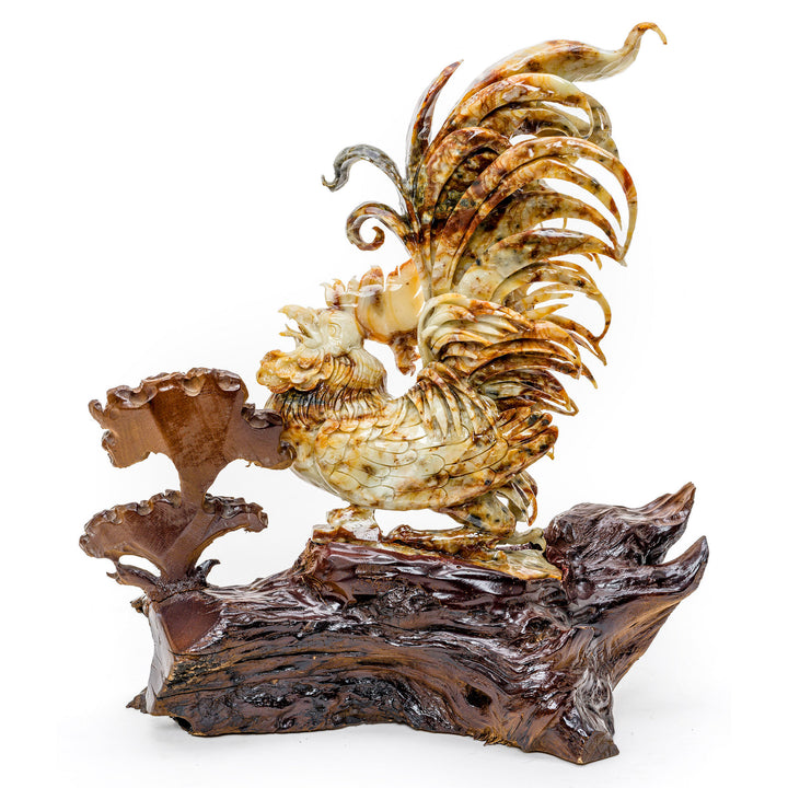 Artisanal agate stone rooster with intricate feather details.