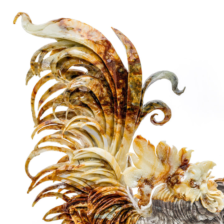 Agate rooster standing on branch, a symbol of good fortune.