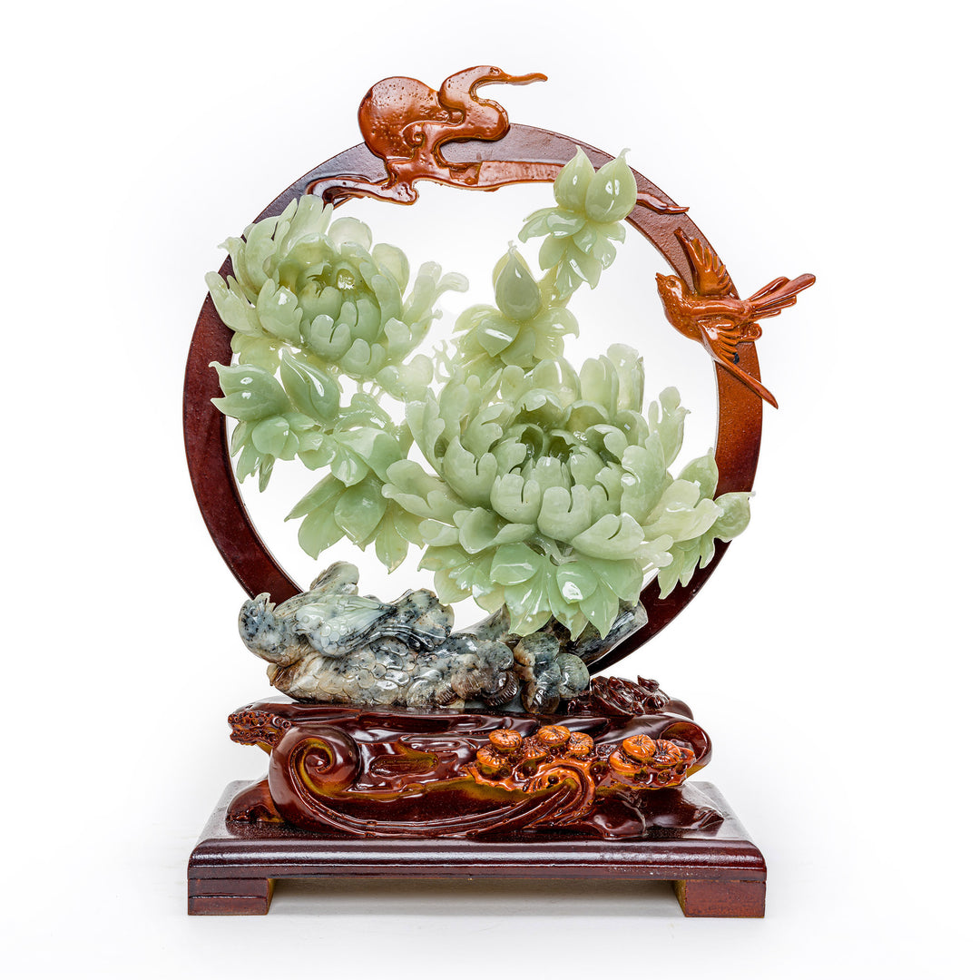 Hand-carved agate blooming peony sculpture with wooden night sky frame.