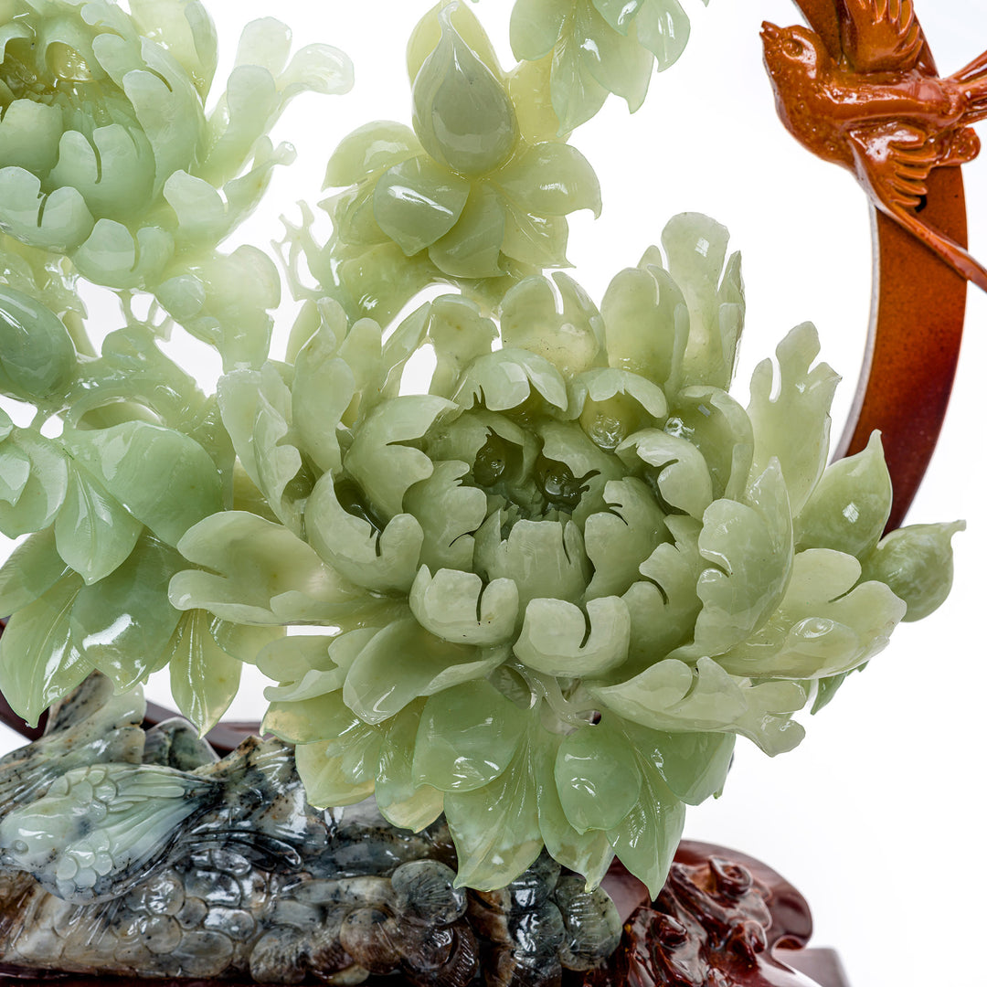 Night-themed agate peony carving, a blend of nature and mythology.