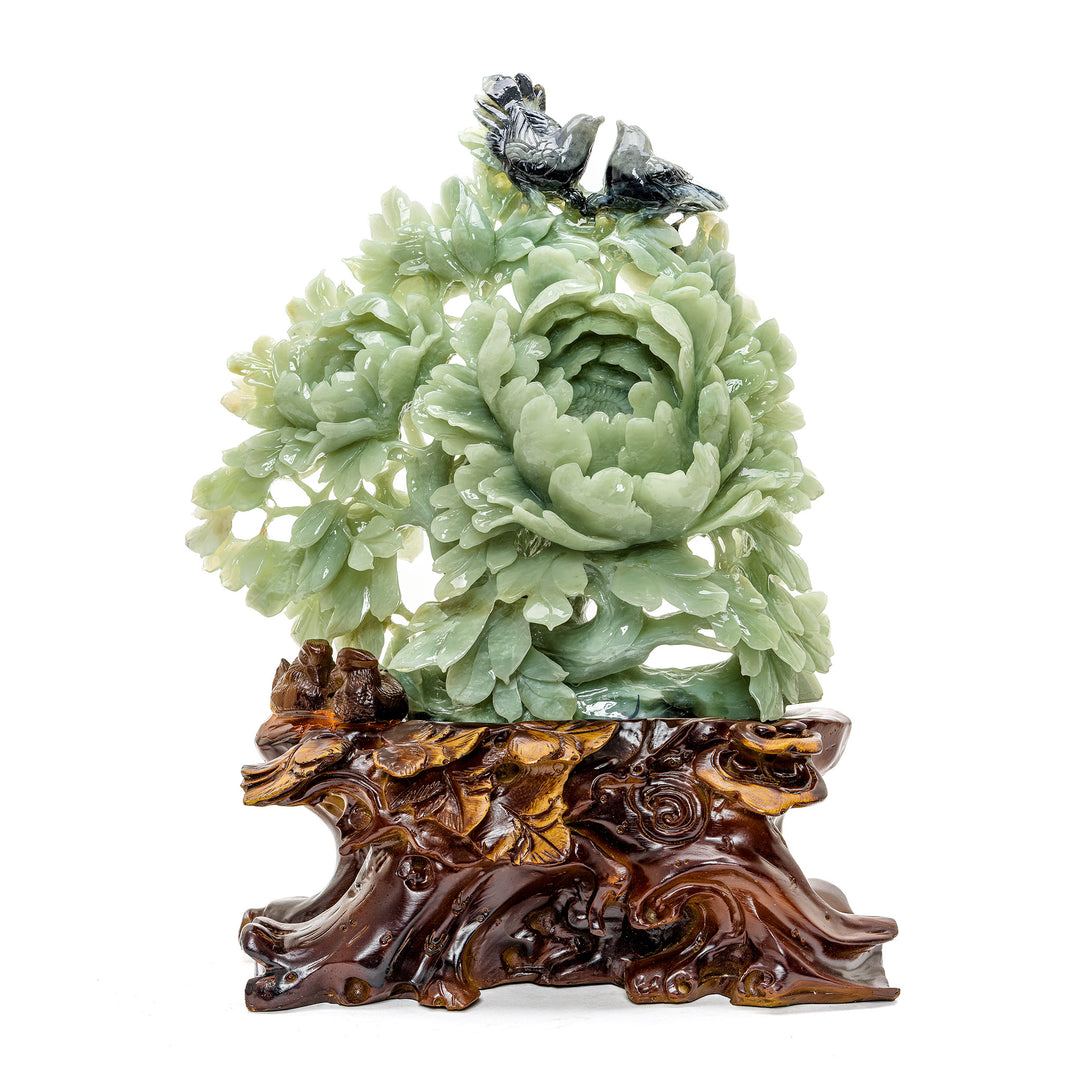 Hand-carved jade peony with birds sculpture