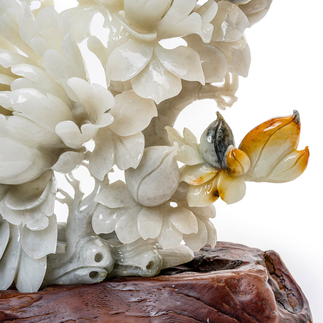 Floral agate art featuring peonies with a perched bird, symbolizing freedom and beauty.