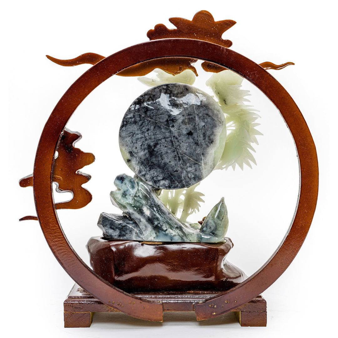 Artistic agate bamboo shoots and birds sculpture with lunar symbolism.
