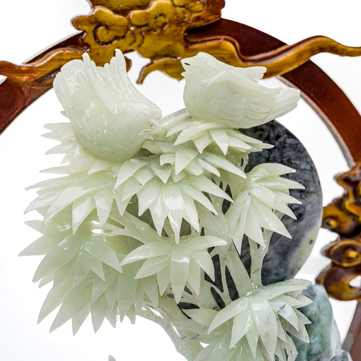 Carved bamboo and avian pair in agate, a tranquil depiction of natural beauty.