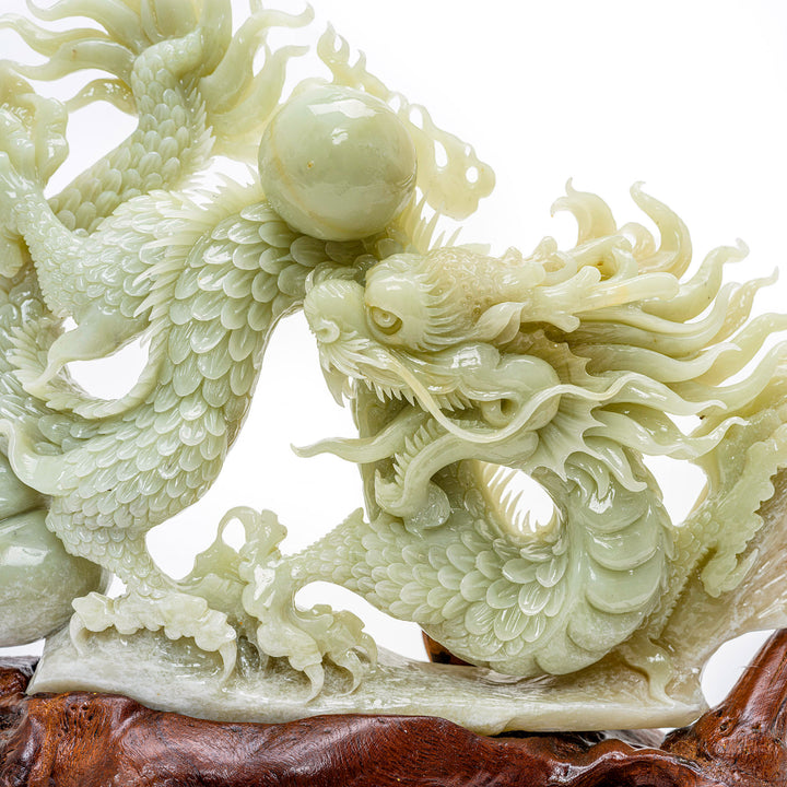 Agate and wood sculpture depicting the legendary dragon and Pearl of Wisdom.