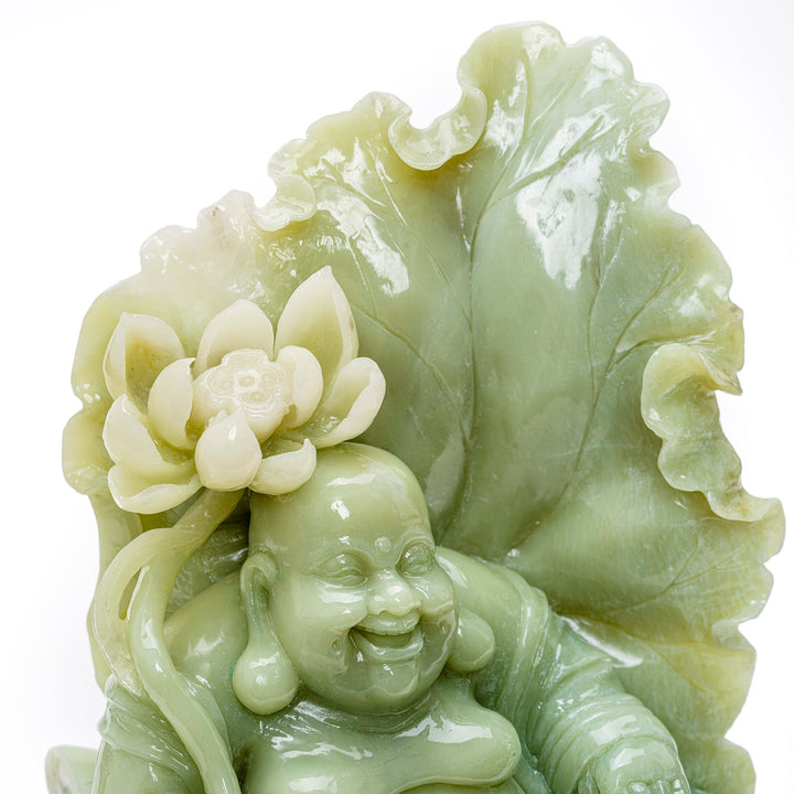 Serene Buddha in lotus agate display, mounted on a sophisticated wood base.