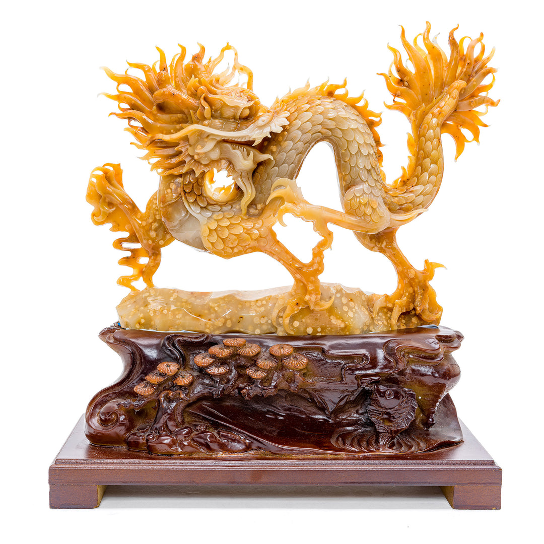 Exquisite hand-carved agate sculpture of a fiery dragon.