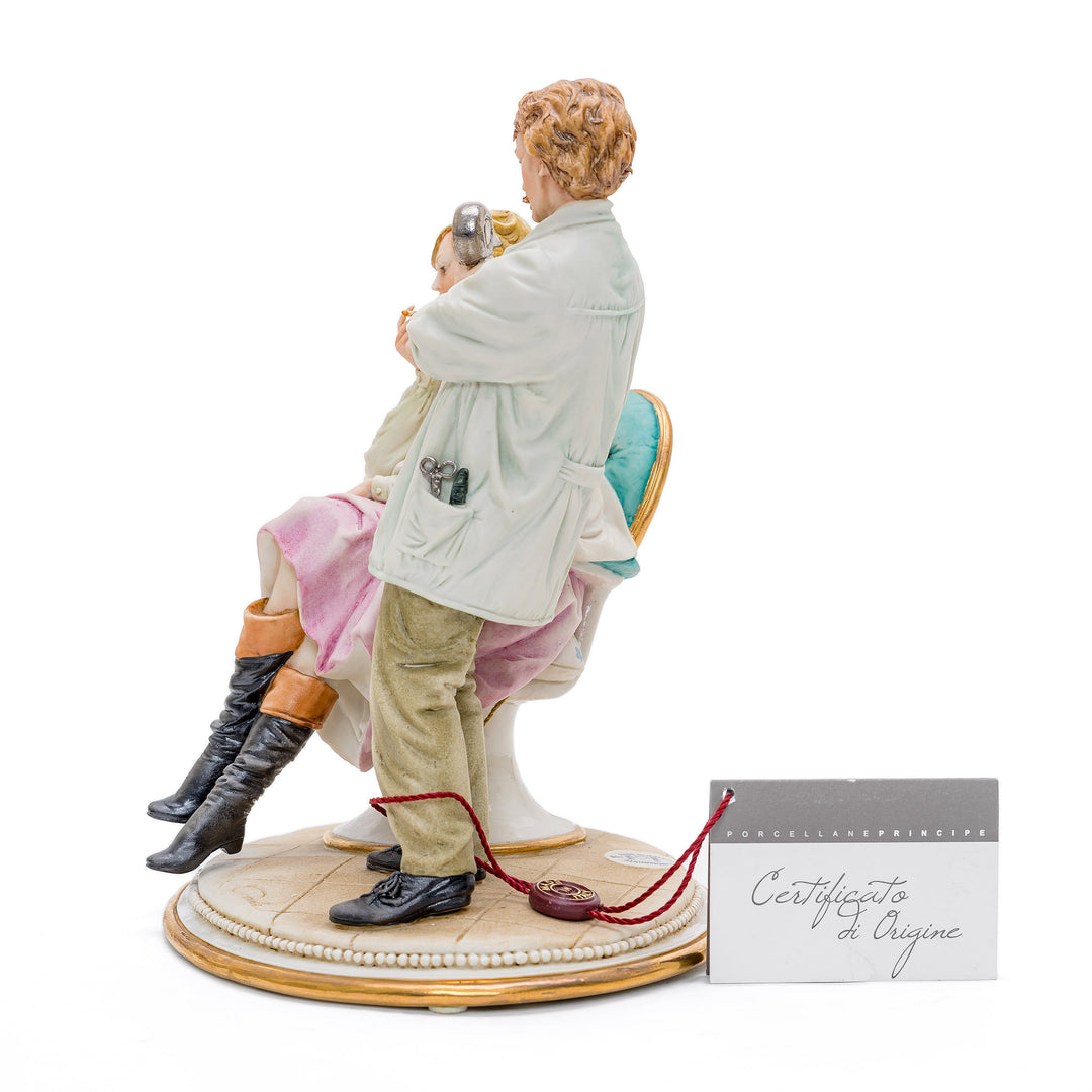 Italian crafted hairdresser in action porcelain figurine.