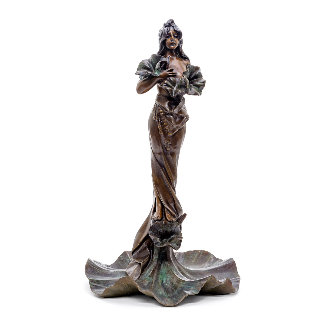 All bronze sculpture of a woman cradling lotus flowers, embodying serenity