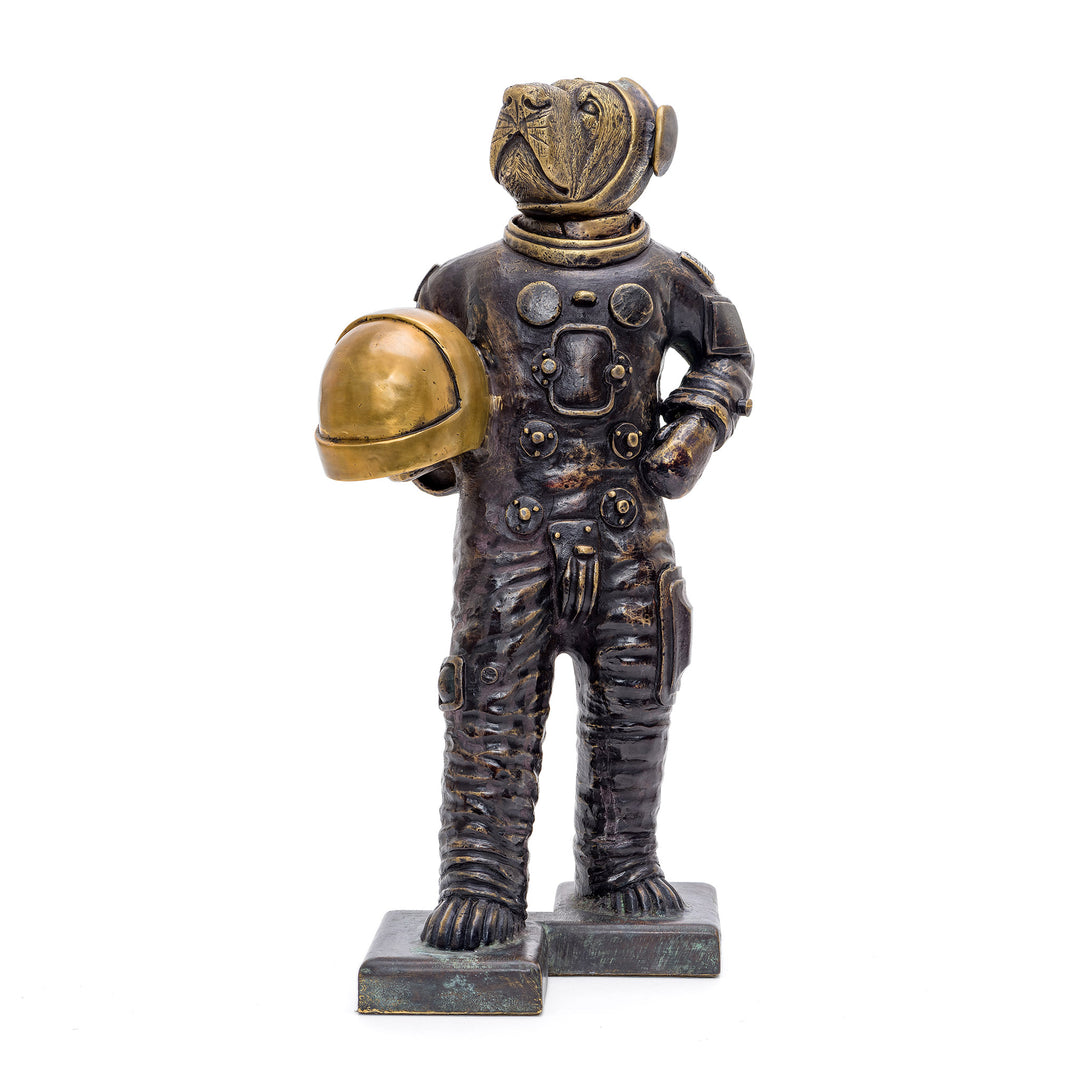All Bronze Sculpture of Astronaut Dog Standing.